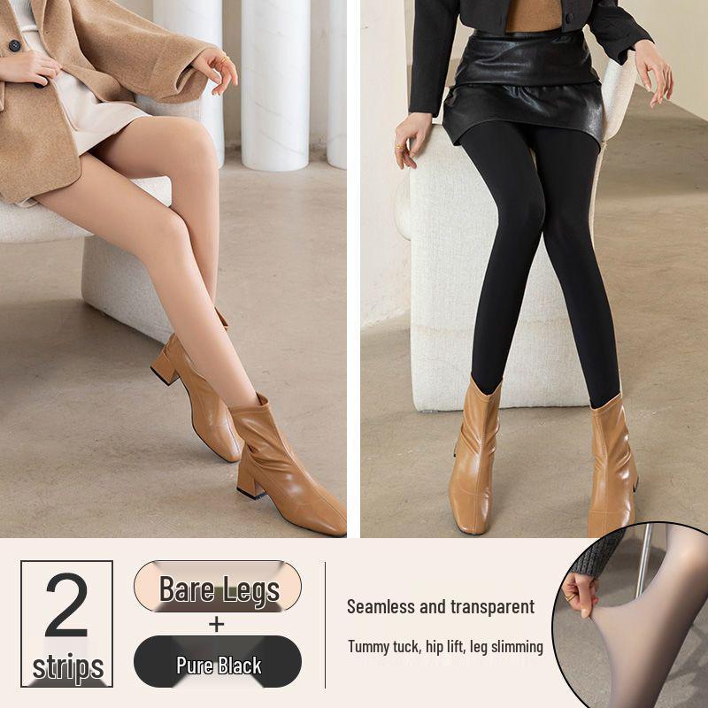 Women's Fleece-lined One-piece Leggings: Fake See-through, Skin-tone, Thickened Warm Pants in Grey & Black