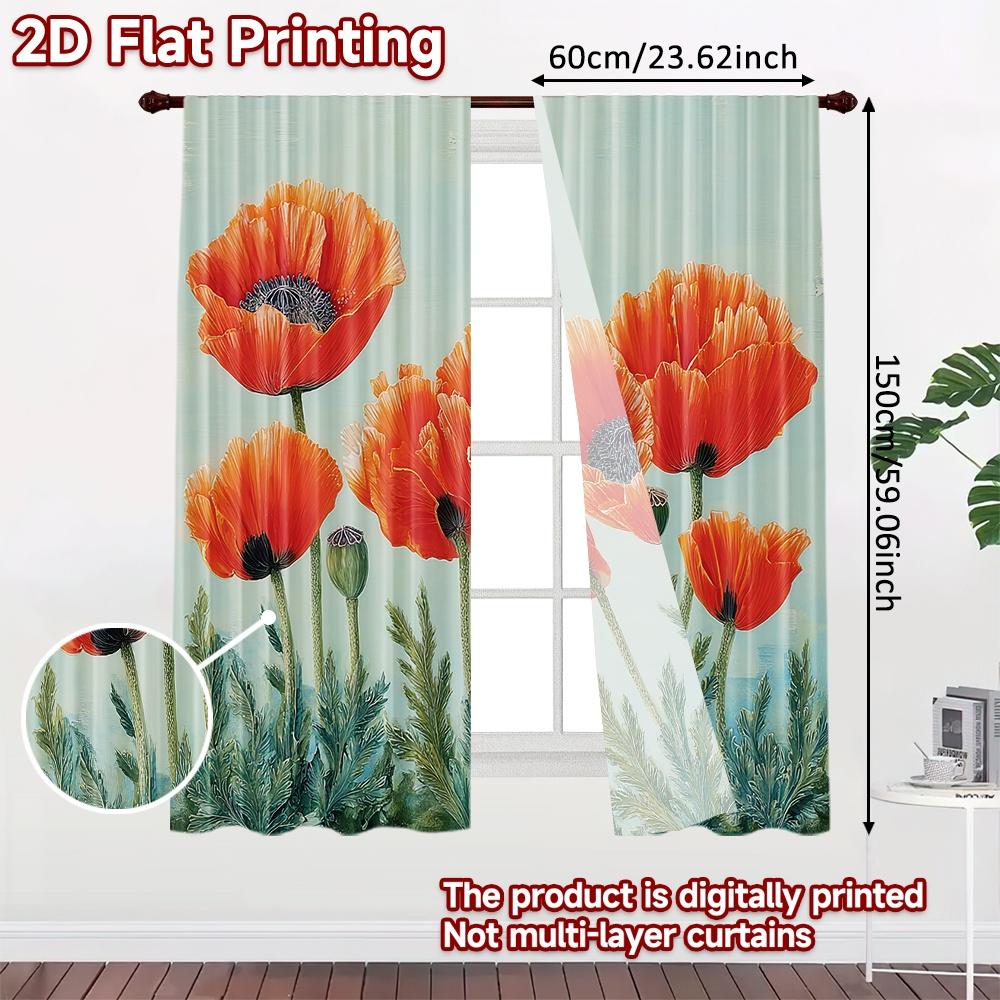 2D FLAT PRINTING 2pcs Curtains (Without Rod) Floral Poppy Design Holiday April Fools is Day Printed Curtains Versatile Polyester