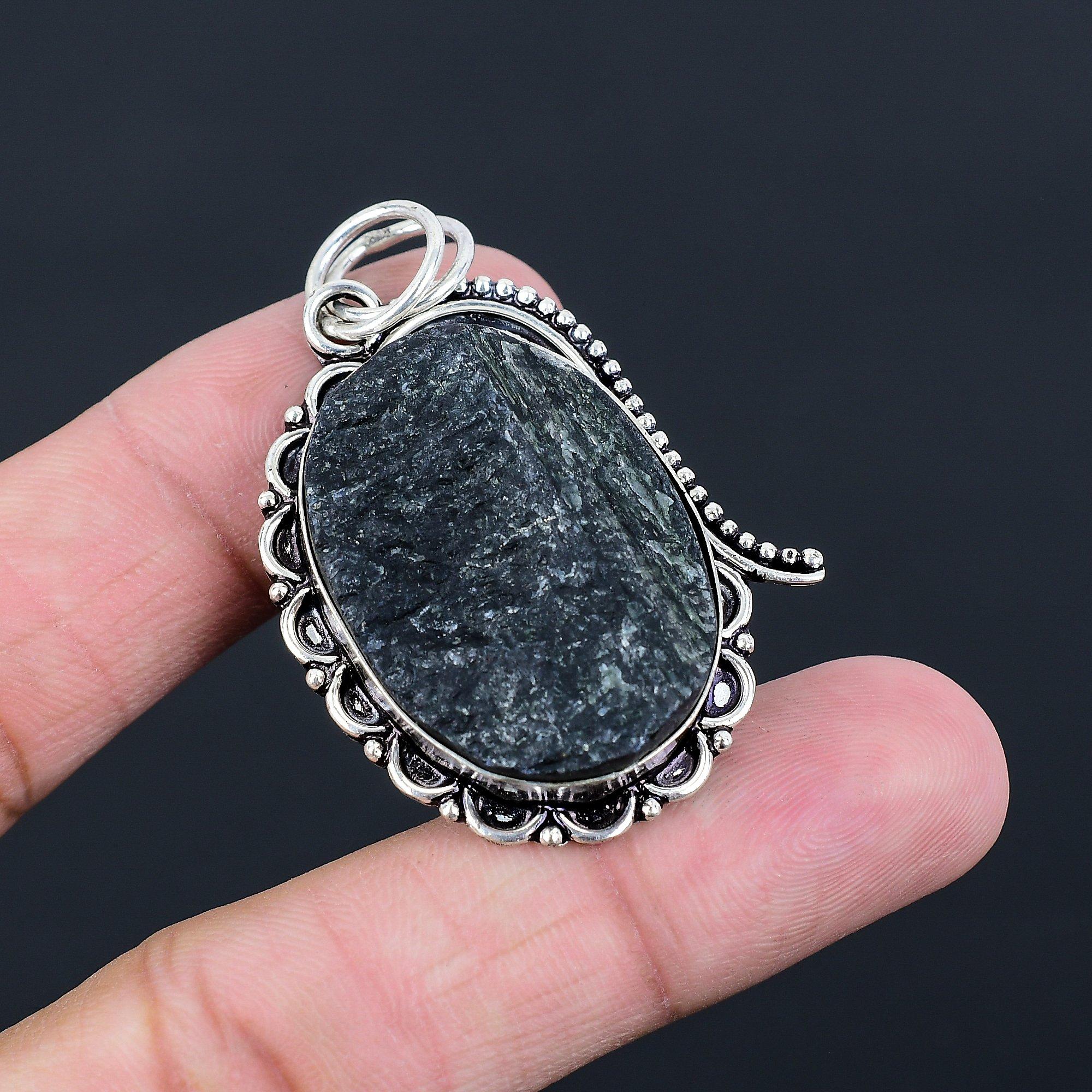 Halloween Sale Black Tourmaline Rough Gemstone Sterling Silver Bezel New Pendant