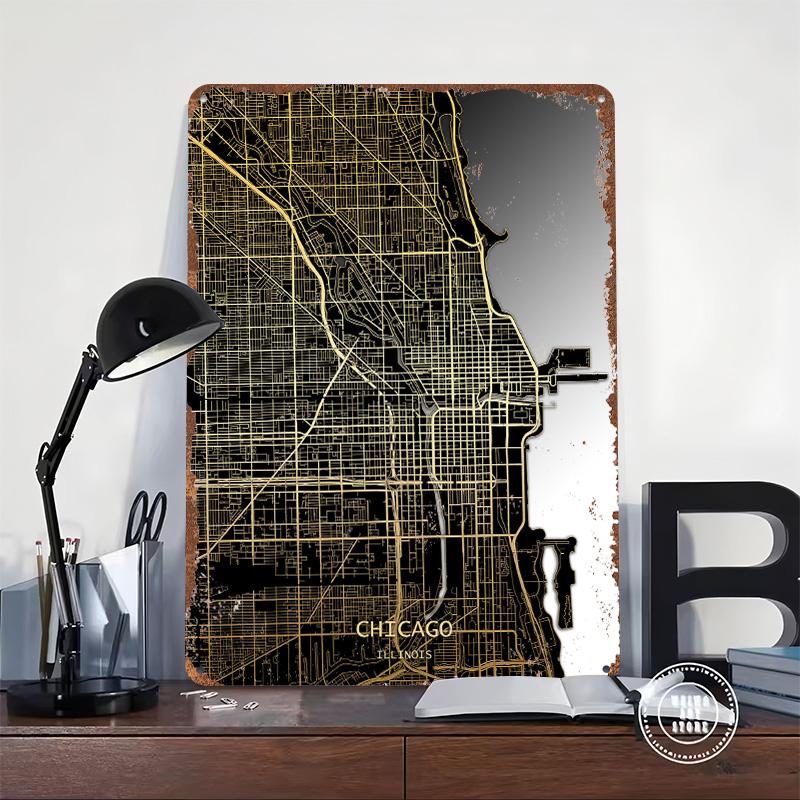 Chicago City Map Tinplate Poster Customized Wall Art Vintage Retro Metal Signs for Interior Decoration Living Room Decor Men