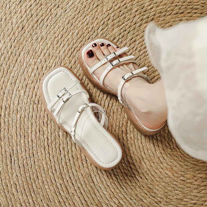 Thick-soled Cool Slippers Women's Summer New Wedge Heel Muffin Fashion Outer Wear One-word Buckle with Open-toed Slippers Roman Shoes Women