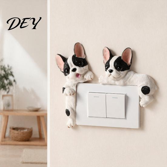 Cute Frenchie Room Decor 3D French Bulldog Resin Light Switch Cover, Cartoon Dog Wall Socket Art Decal Decor, Self-Adhesive Animal Plate Sticker