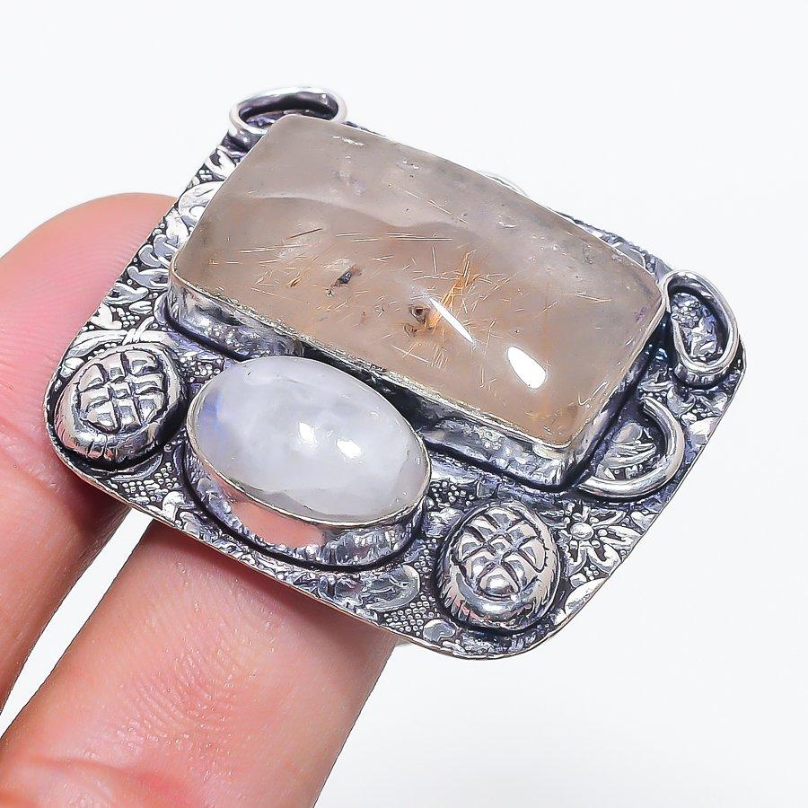 Golden Rutile, Moonstone Gemstone 925 Sterling Silver Jewelry Ring Size 9