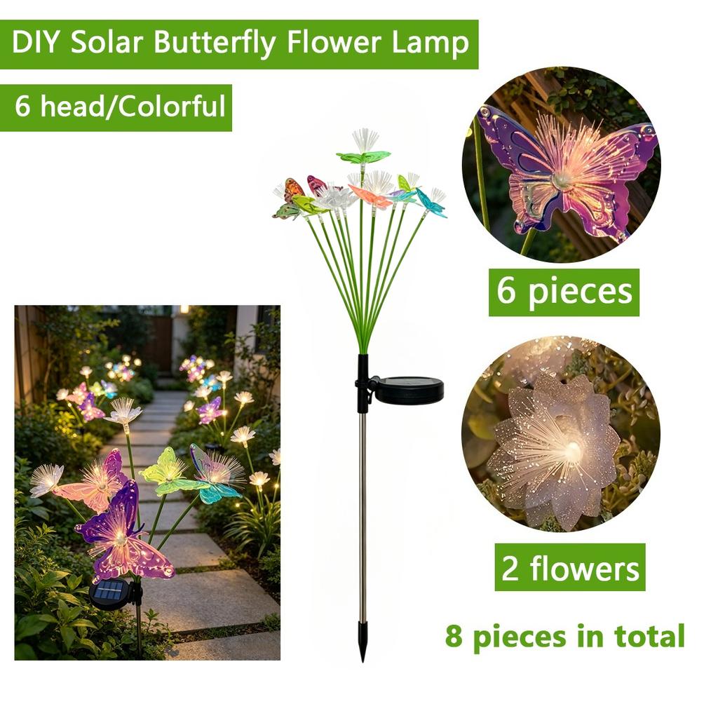 Colorful/Warm Solar Butterfly Flower Lights Fiber Optic LED Garden Stake Lights Waterproof Outdoor Decor for Yard Lawn Patio 2pack