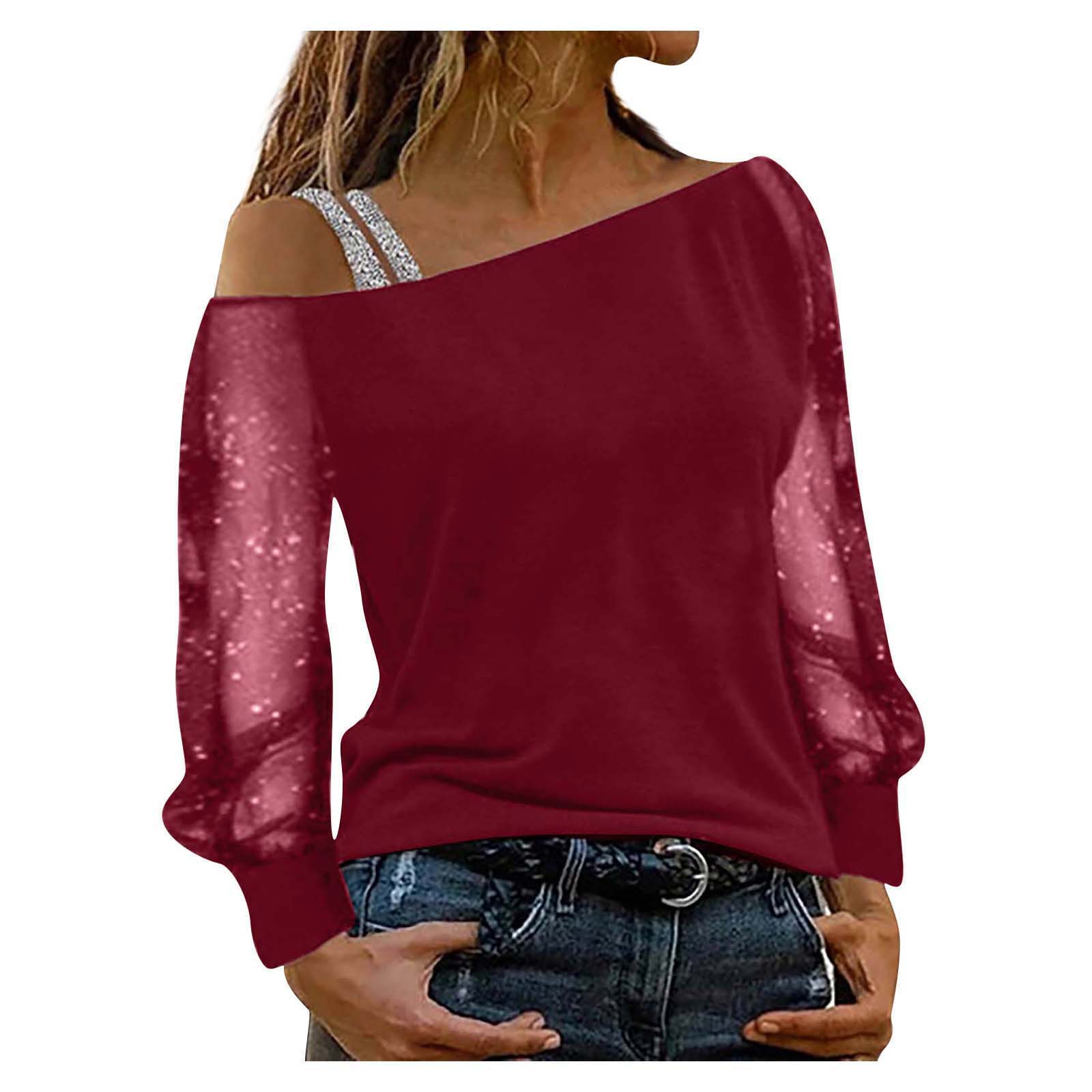 

Women s Fashion Diagon Neck Mesh, Long Sleeve, One-line Neck Base Top XL красный