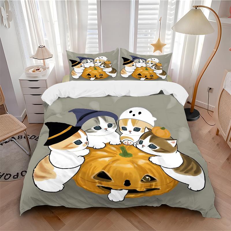 3pcs Halloween Kitties Quilt Cover Set - Soft & Comfortable Polyester Fabric, All-Season Breathable Comforter Set For 1 Quilt Cover & 2 Pillowcas