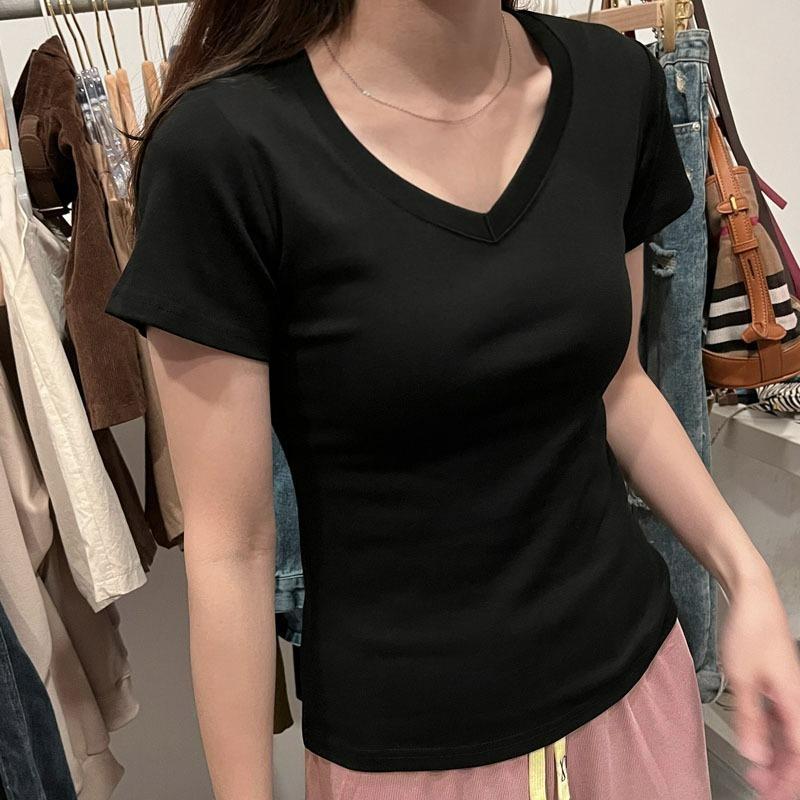 Solid Color Basic Versatile V-neck Right Shoulder Slim T-shirt for Women Summer High-end Slim Clavicle Short-sleeved Top for Small People