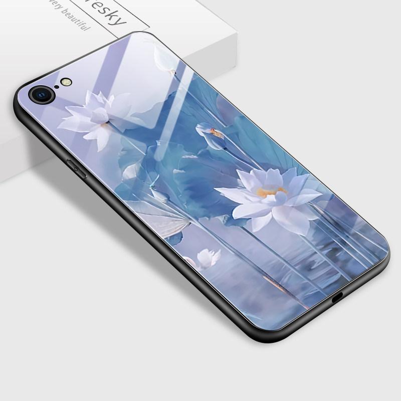 Tempered Glass Phone Case for iPhone Samsung Galaxy Infinix TPU Soft Edge Fashion Lotus Flower Patterns Shockproof Cover