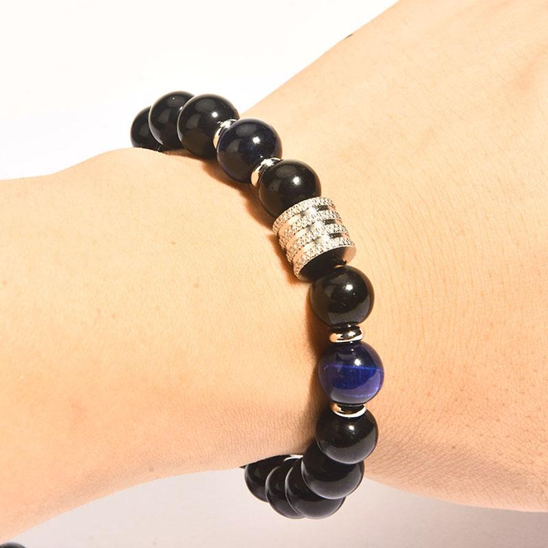 10MM Tiger Eye Stone Beaded Bracelets Hand Chains  Adjustable Black Obsidian Beads Stainless Steel Charm Bracelet for Men