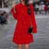 Women's Spring New Tie-up Beaded Long Sleeve Loose Solid Color Dress