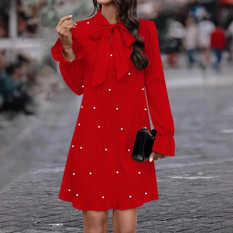 Women's Spring New Tie-up Beaded Long Sleeve Loose Solid Color Dress