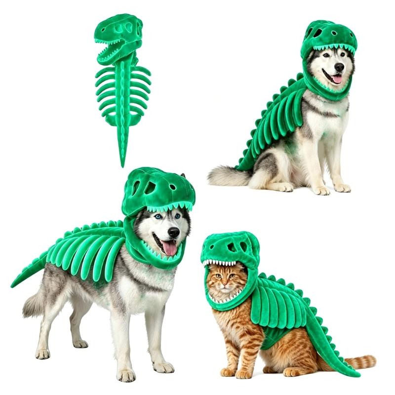 Halloween Dinosaurierskelett Kostüm für Haustiere, Skelettschädel und Rippen Design Outfit mit gepolsterter Wirbelsäule und Schwanz für Hunde und Katzen Cosplay