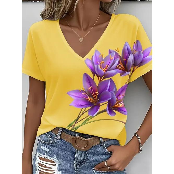 Summer V-neck 3D Flower Themed Pattern Printed Top Fashionable Casual Short Sleeved Women's T-shirts