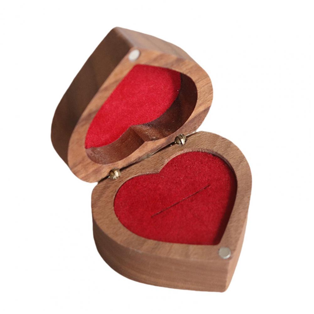 Ring Storage Box Heart-shaped Walnut Wood Jewelry Box Velvet-padded Ring Storage Case Smooth Polished Surface Wedding Proposal