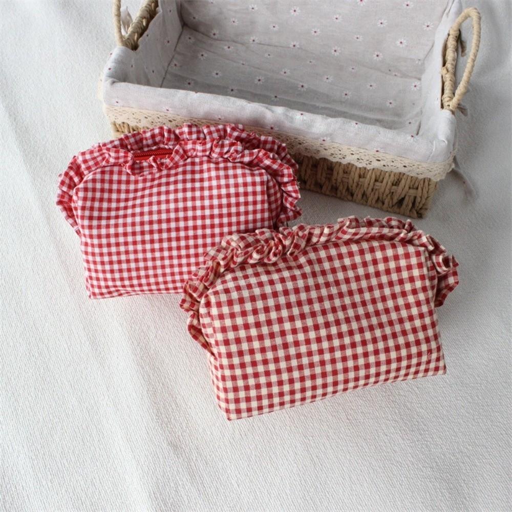Gingham Plaid Ruffle Edge Makeup Bag Quilted Design Toiletry Bag  Organizer