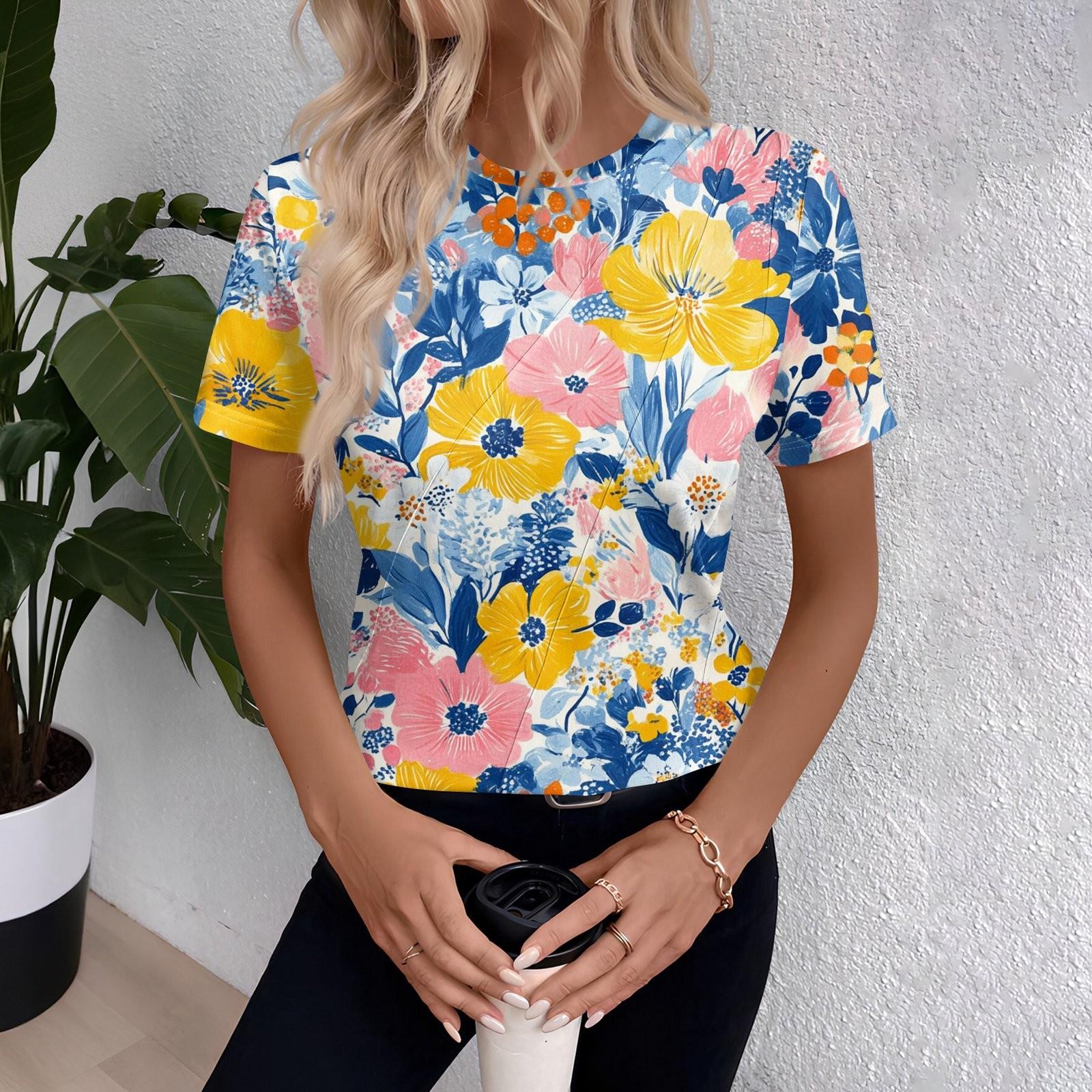 Women s Short Sleeve Tops Pleated  Neck Loose Fit T-Shirt S