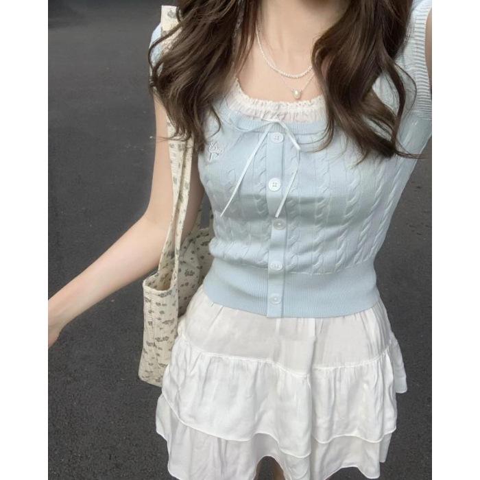 

Женский шикарный вязаный топ с вышивкой, с коротким рукавом, синий - Летний стиль из двух частей One Size синий