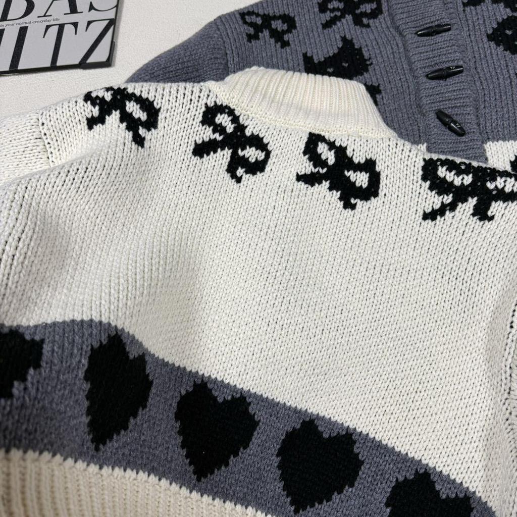 In-Stock Korean Retro Bow Jacquard Cardigan Sweater for Women