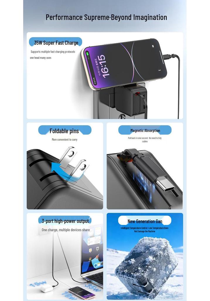Gallium Nitride Multi-functional Charger with Retractable Cable for Huawei & Apple Devices
