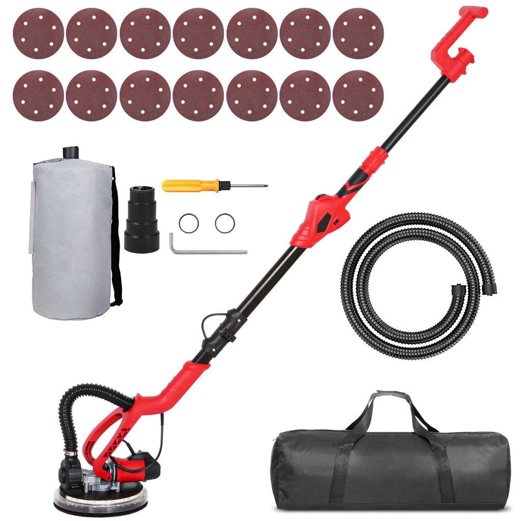 750W Drywall Sander Wall Sander with 14 PCS Sanding Discs 6 Variable Speed 1000-1850RPM Electric Drywall Sander with LED Light