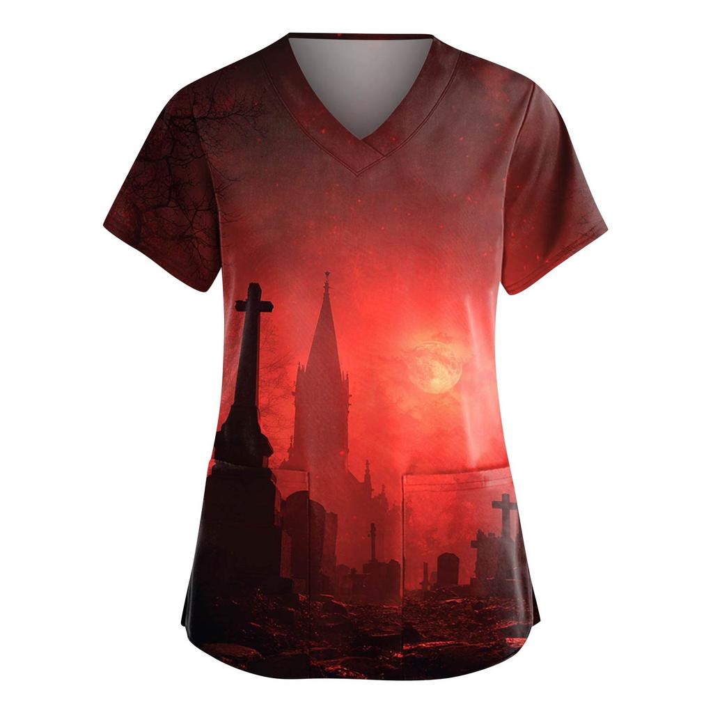 Women's Fashion V-Neck Short Sleeve Overalls With Pockets Halloween Printed Tops  Apparel