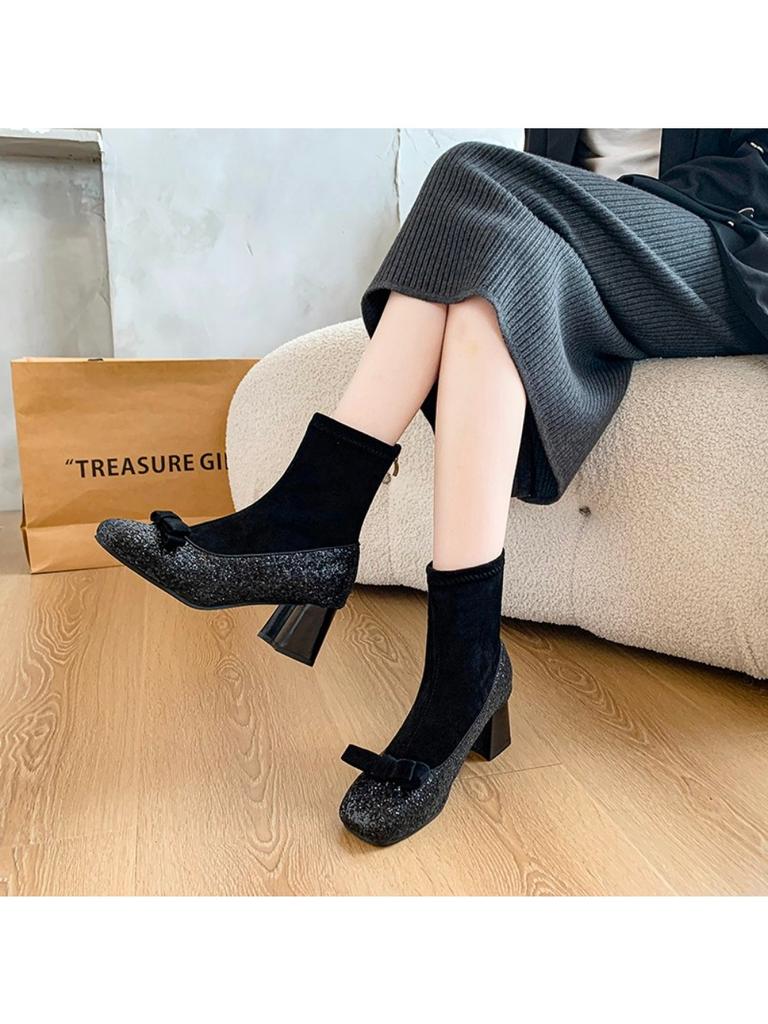 Fashion Square Toe Bling Women Snow Ankle Boots Bow Mid Heels Fad Sock Boots Suede Chunky Shoes 2024 Trend Winter Designer Botas Mujer