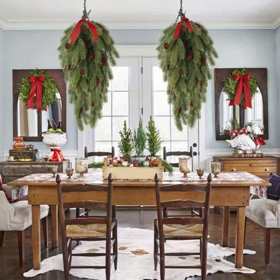 2Pcs Christmas Teardrop Swag Wreath Fake Norfolk Pine Stairway Swag with Pinecone Winter Xmas Hanging Greenery Garland Decoration