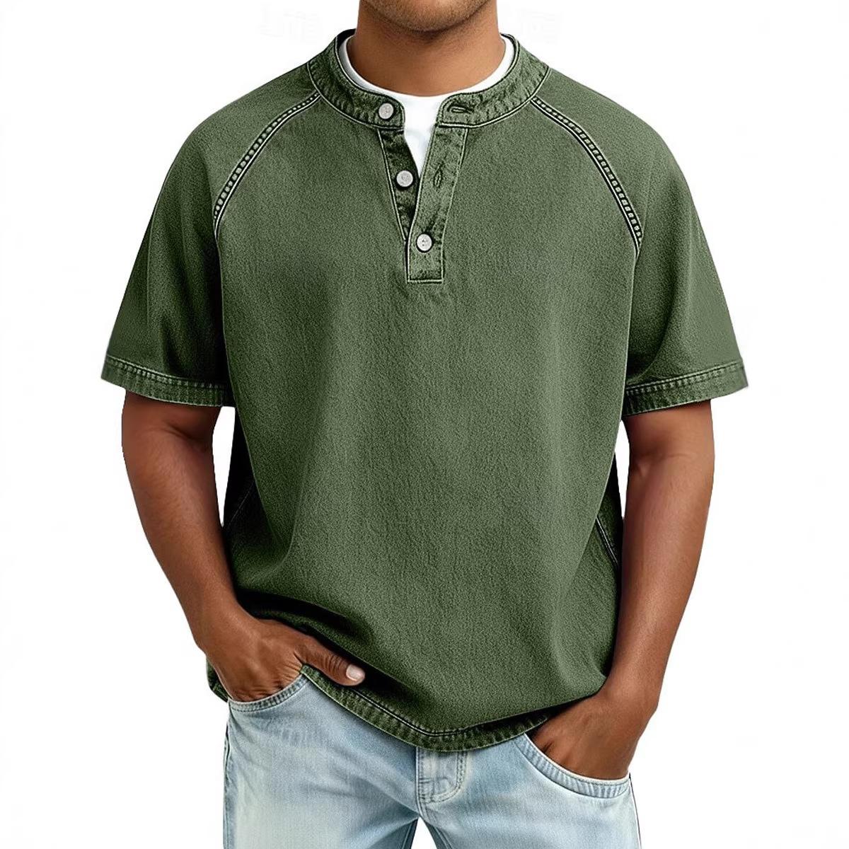 

Men s Vintage Washed Henley T-Shirt Casual Solid Color Short Sleeve Tops Breathable Button Placket Tee for Streetwear & Daily Life 2XL армія зелений колір