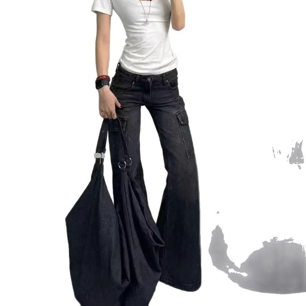 Women's Retro Flare Cargo Jeans - Spring Collection, Floor-Length Wide Leg Style