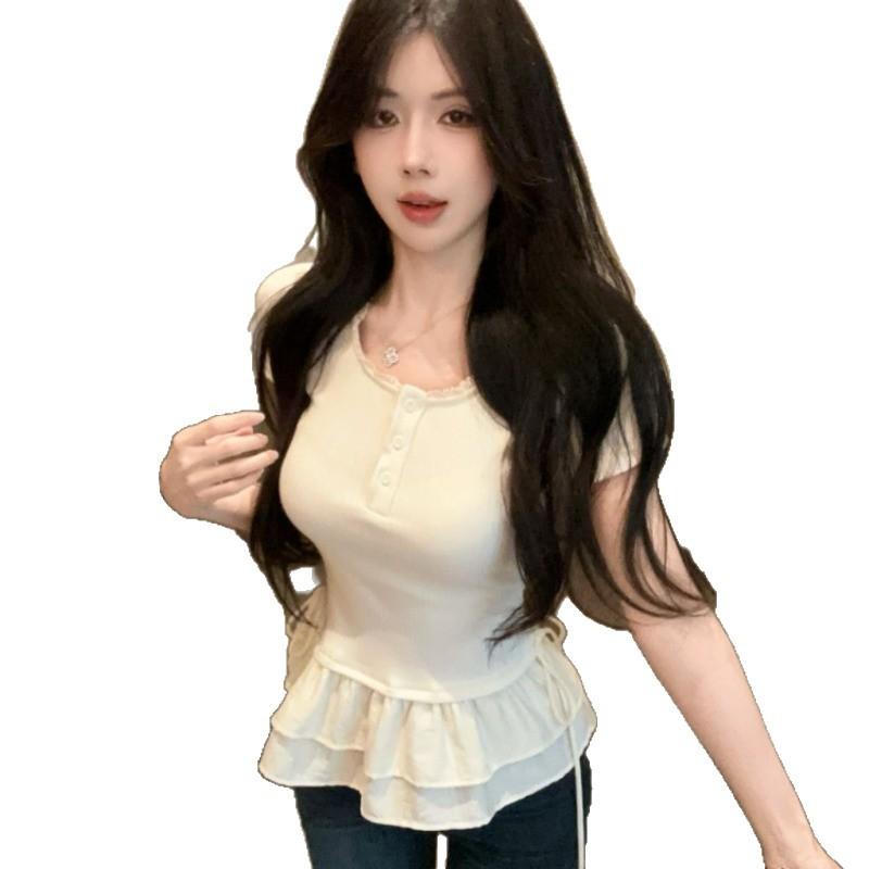 Summer shoulder cover meat and thin short-sleeved T-shirt women's Korean sweet wind ruffle leaf edge lace splicing top ins