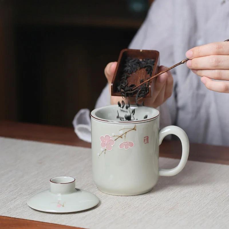 320ml Hand Drawn Peach Blossom Ceramic Filter Tea Separator Cup Tea Brewing Separation Mug Office Work Mug Teacher's Day Gift