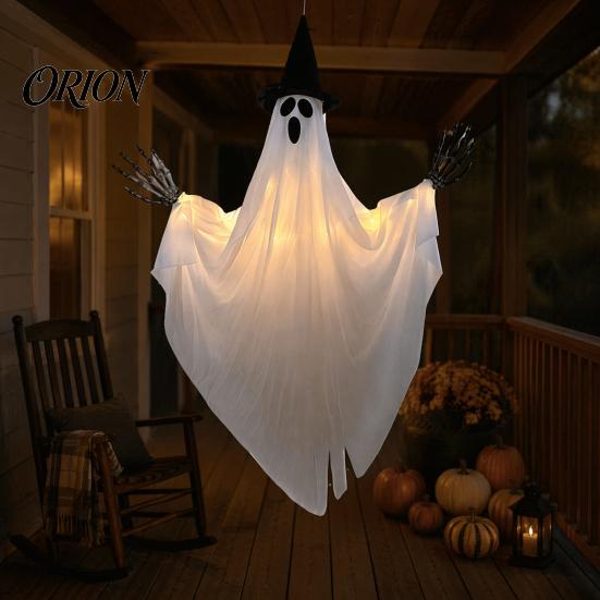 Lighted Ghost Pendant Halloween Hanging with Witch Hat, Light Up Spooky Tree Decorations Outdoor Decor for Porch Tree, Haunted House Scene Ornament