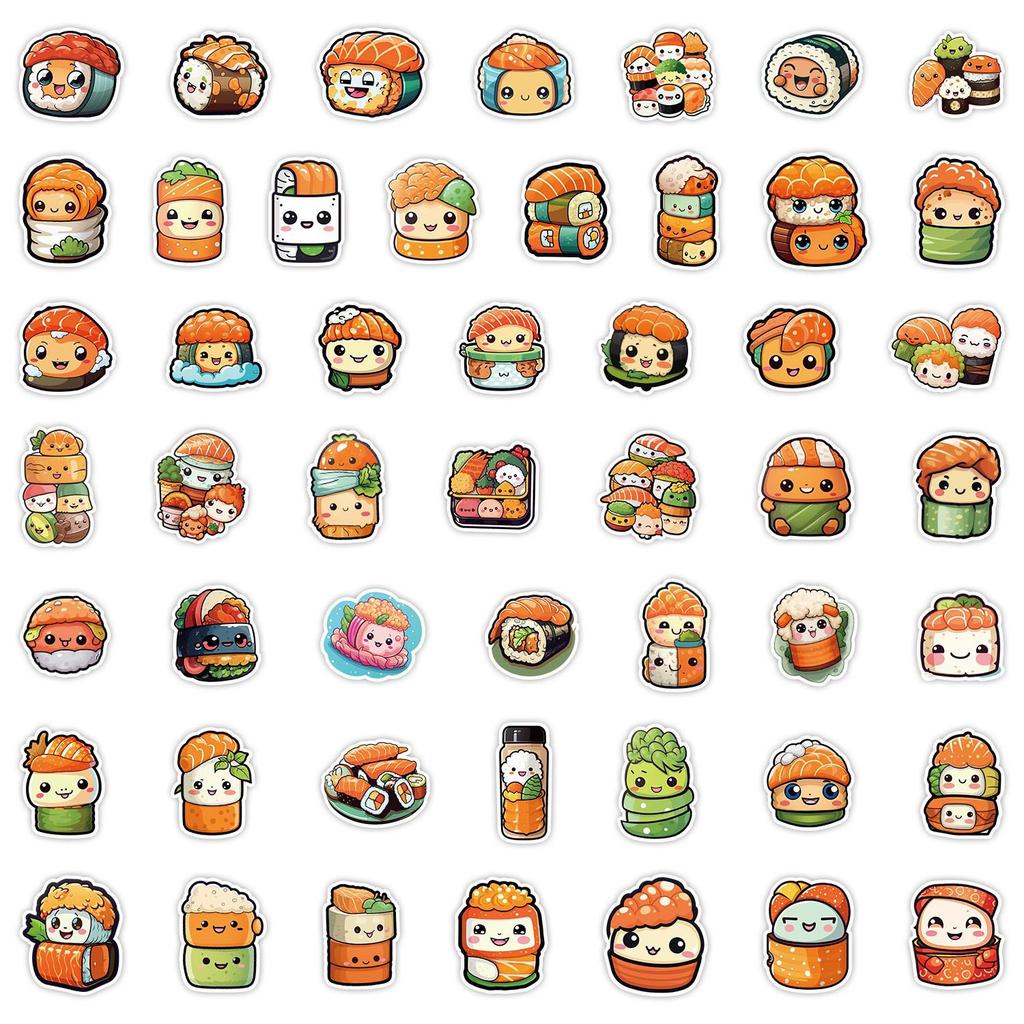 50 Adesivi Sushi Carini Stile Fresco per Quaderni, Valigie o Borracce