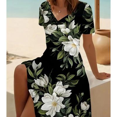 Sommermode Damen V-Ausschnitt Kurzarm Retro Blumenmuster Kleid Sex Kurzer Rock Kleider