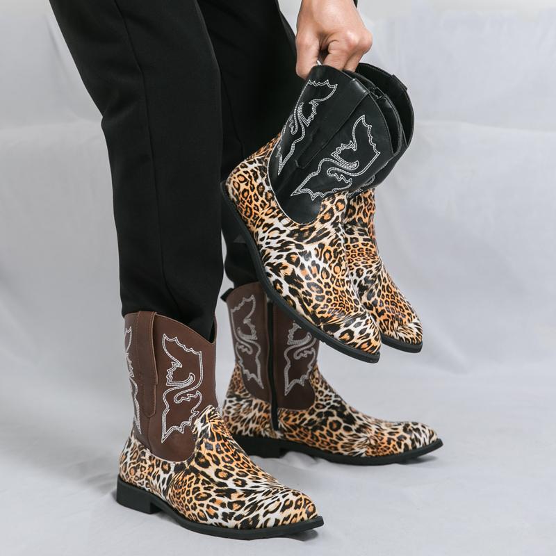 Men’s Western Boots Pointed Toe Leopard Print Casual Retro Dress Zipper Leather Men’s High Boots for Men Plus Size