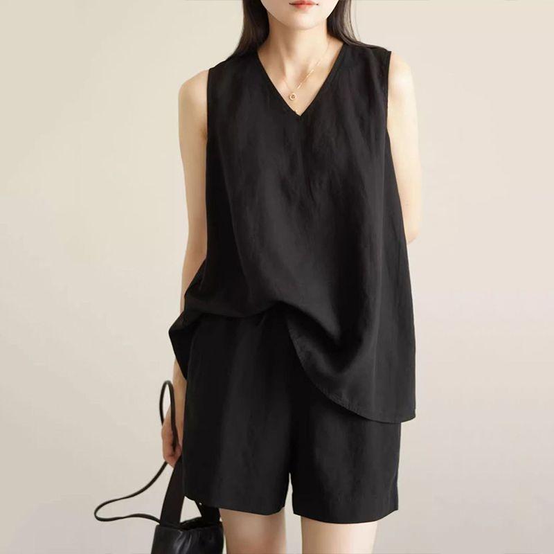 Summer Cotton Linen Casual Sleeveless Two-Piece Set Simple Top Shorts Fashion Design Comfortable Polyester Blend Women's Outfit