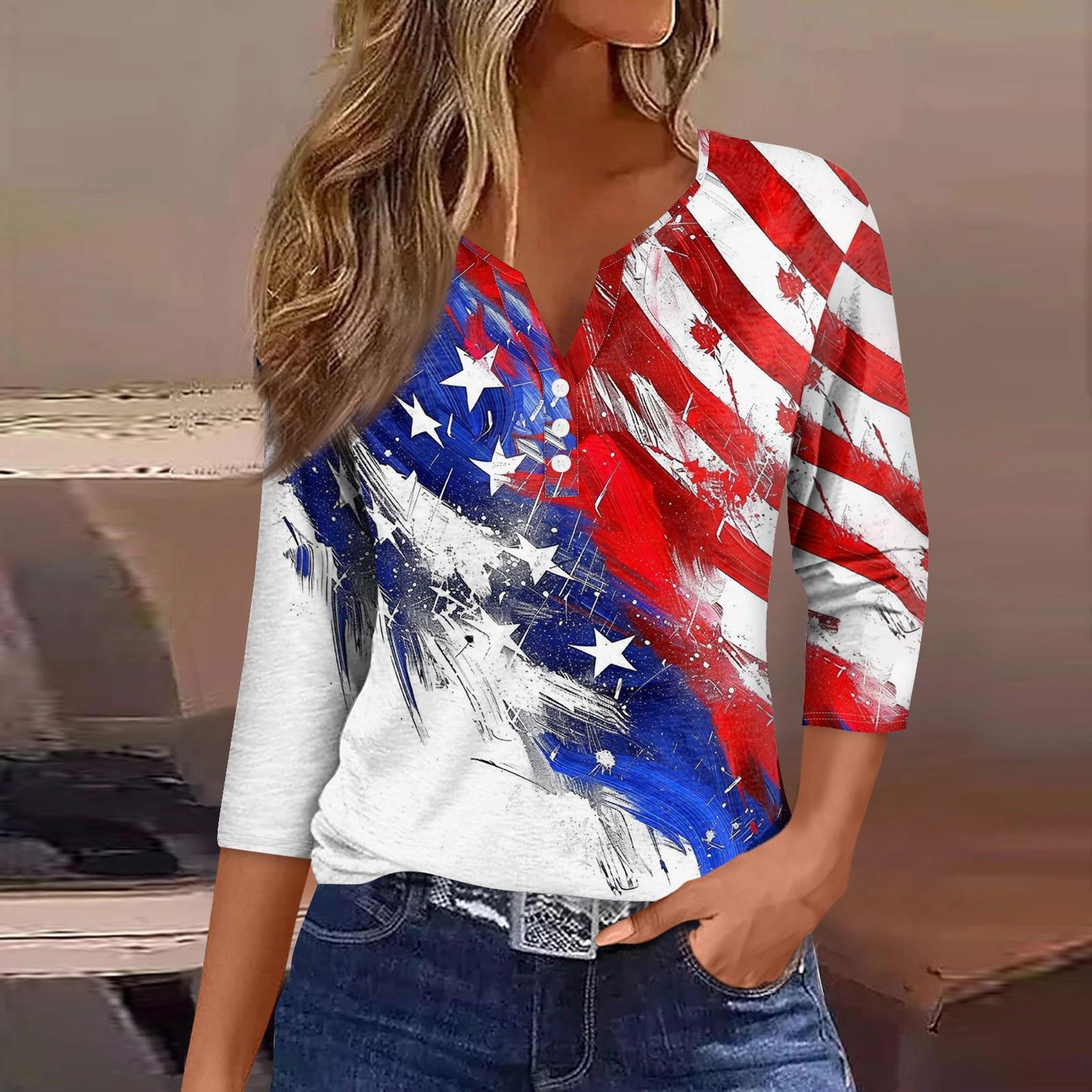 

Women s Neck Independence Day Printed Striped Short Sleeve T-Shirt Top M чёрный
