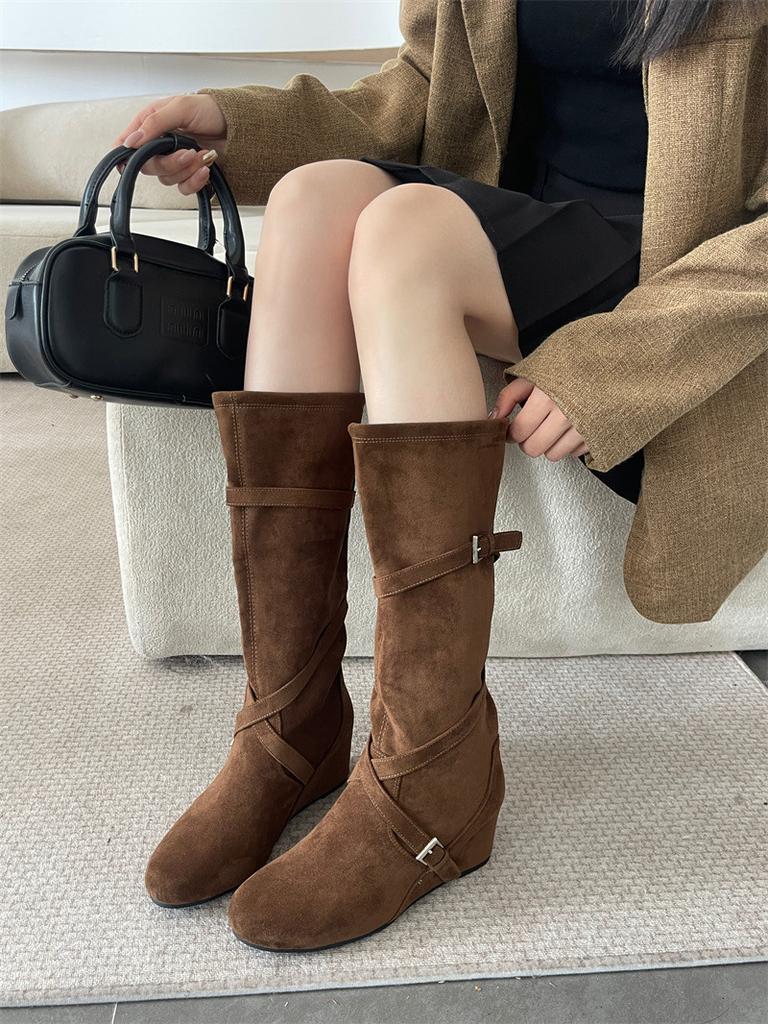 New Retro Matte, Height Increased by 6cm~ Korean Round Head Buckle with Soft Folds and Thin High Boots for Women's Autumn