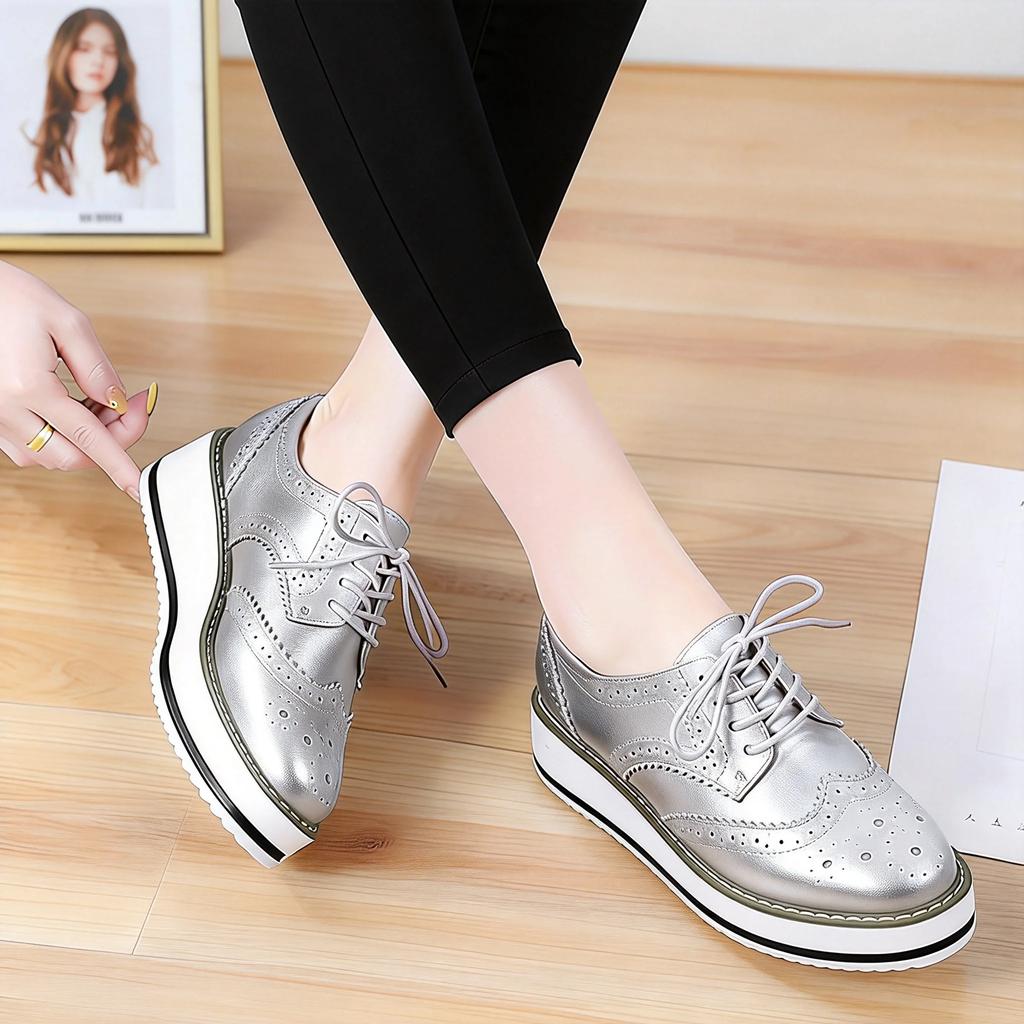 Women's Oxford Flats - Genuine Leather Wingtips Lace-Up Comfort Brogue Derby Patent Platform Casual Shoes for Spring Autumn