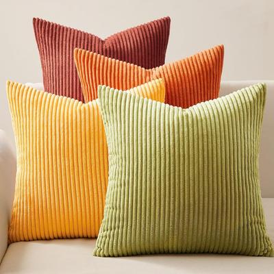 Lot de 4 Housse de Coussin en Velours Côtelé, Tissu Doux Texturé, Design Double Face avec Fermeture Éclair, Style Bohème Campagne, Convient pour Canapé