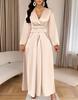 Women's Satin V Neck Wrap Lantern Sleeve Bandage Waist Pleated Maxi Dress Solid Color Casual Dress