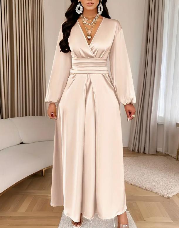 Women's Satin V Neck Wrap Lantern Sleeve Bandage Waist Pleated Maxi Dress Solid Color Casual Dress