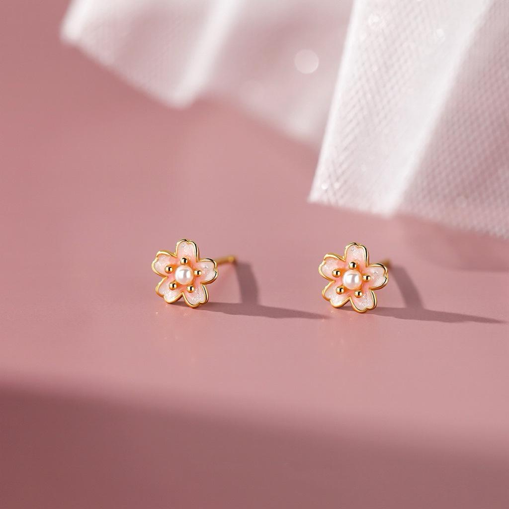 Beixi S999 Sterling Silver Cherry Blossom Pink Stud Earrings - Simple & Sweet Girly Design S999 Silver