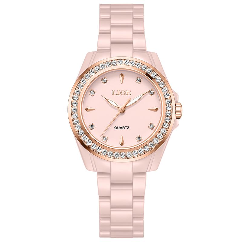LIGE Elegant Women's Watches Ceramic Diamond Quartz Watch Fashion Waterproof Luminous Clock Ladies Wristwatch Montre Femme+BOX
