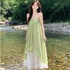 French fresh green lace floral splicing suspender dress women's summer temperament seaside vacation irregular long dress