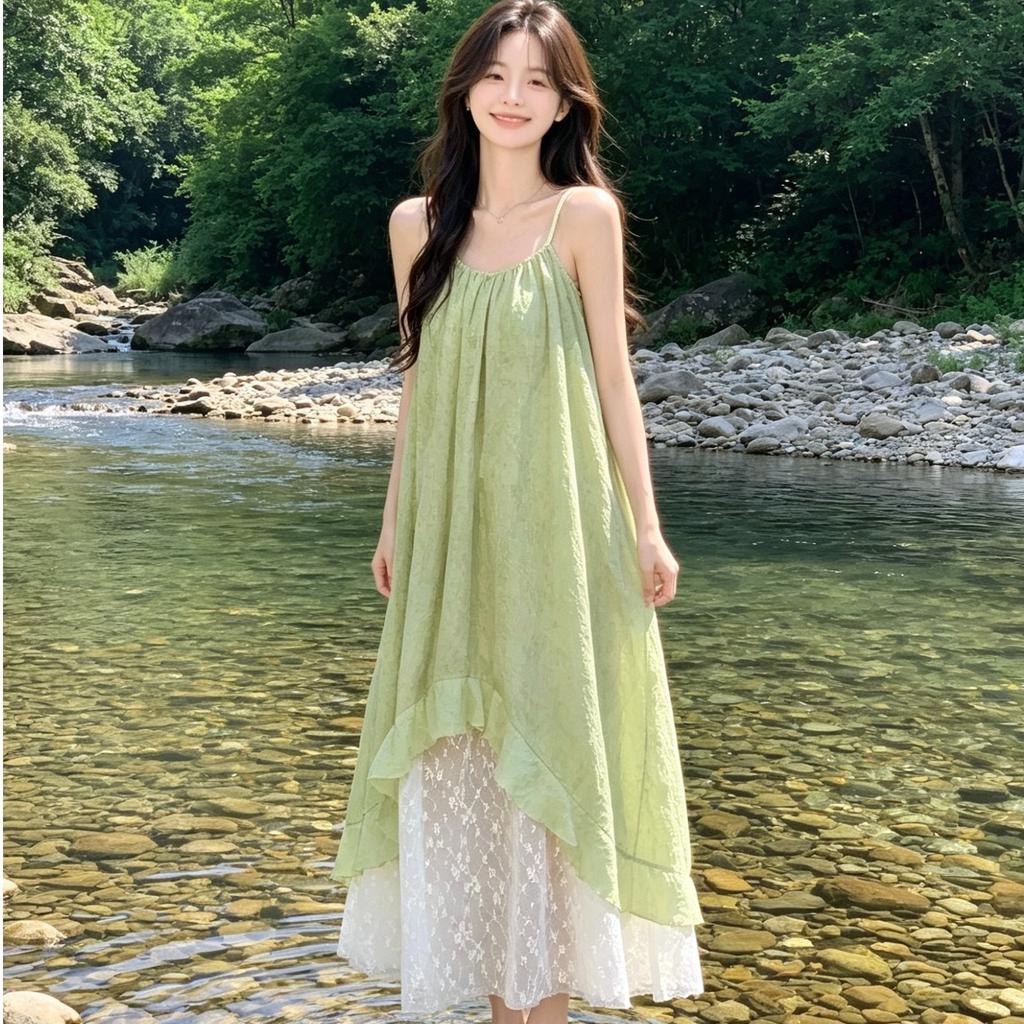 French fresh green lace floral splicing suspender dress women's summer temperament seaside vacation irregular long dress