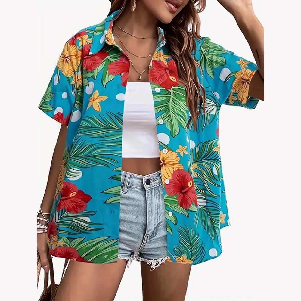 Stile Hawaiano Stampa 3D Monopetto Donna Camicia Hawaiana Moda Collo a Revers T-Shirt Estiva Manica Corta Donna