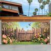 2D Cartoon Bird & Floral Fence Backdrop, Nature Spring Scene Garage Door Cover for Birthday Party Decoration