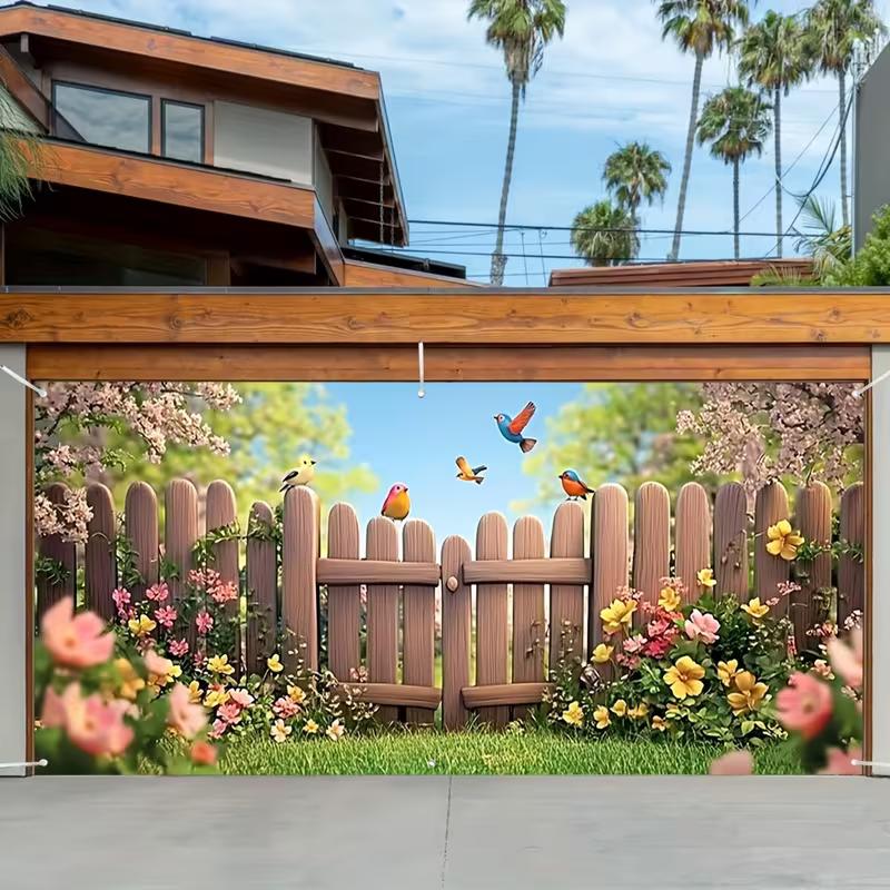 2D Cartoon Bird & Floral Fence Backdrop, Nature Spring Scene Garage Door Cover for Birthday Party Decoration