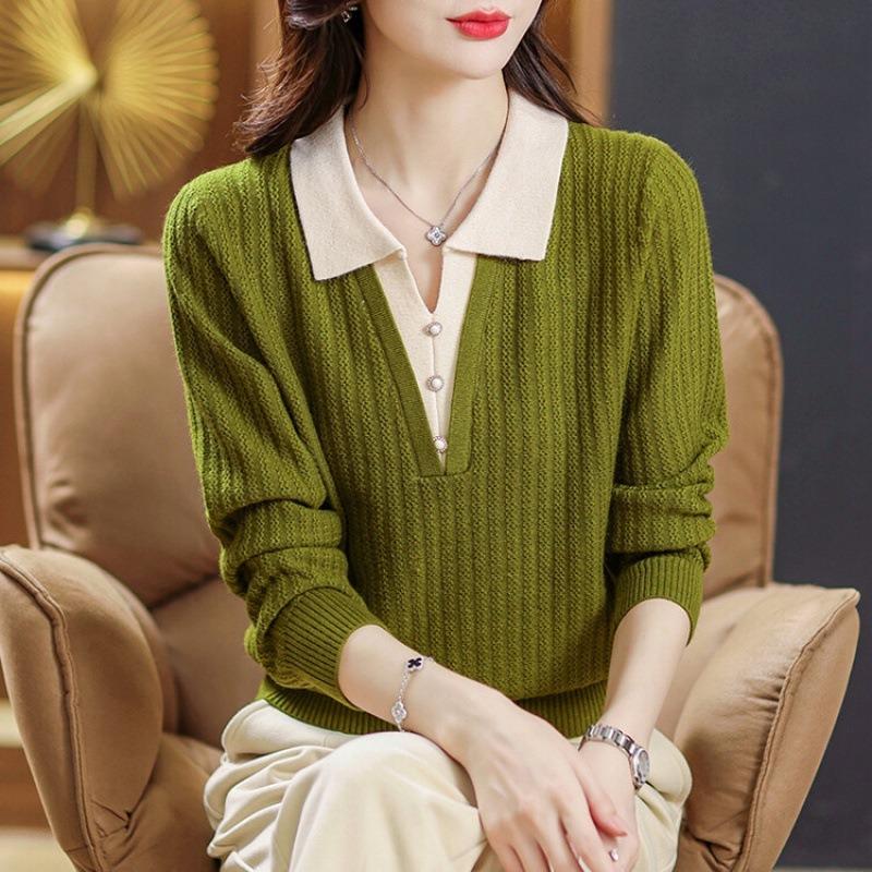 Lapel knitted sweater top spring large size medium sweater bottoming shirt fake two-piece sweater women